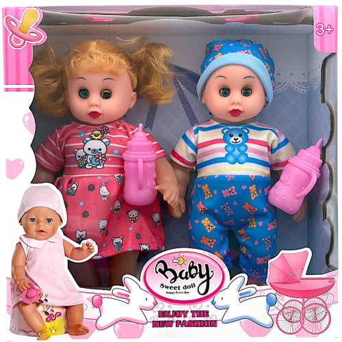 2-Piece 12-Inch Dolls With Feeding Bottles – Water-Fill & Release Toy (Boys & Girls)
