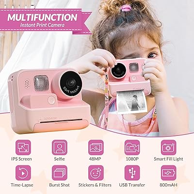 2.4-Inch Dual Camera Kids Digital Camera with Instant Color Printing, Rechargeable Lithium Battery & Type-C Charging