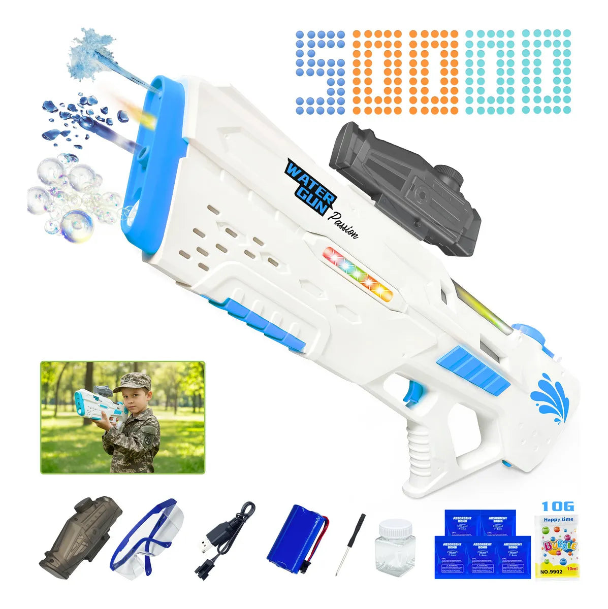 3-in-1 Electric Bubble Water Gun with Glasses – Rechargeable with Lithium Battery & USB Cable