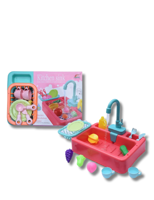 Kids Play Kitchen Sink with Real Water Flow – Pretend Dishwashing Toy Set