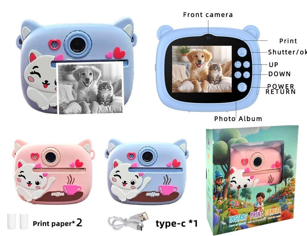 2.4-Inch Dual Camera Kids Digital Camera – Coffee Cat Design with Instant Printing, Rechargeable Lithium Battery & USB Cable